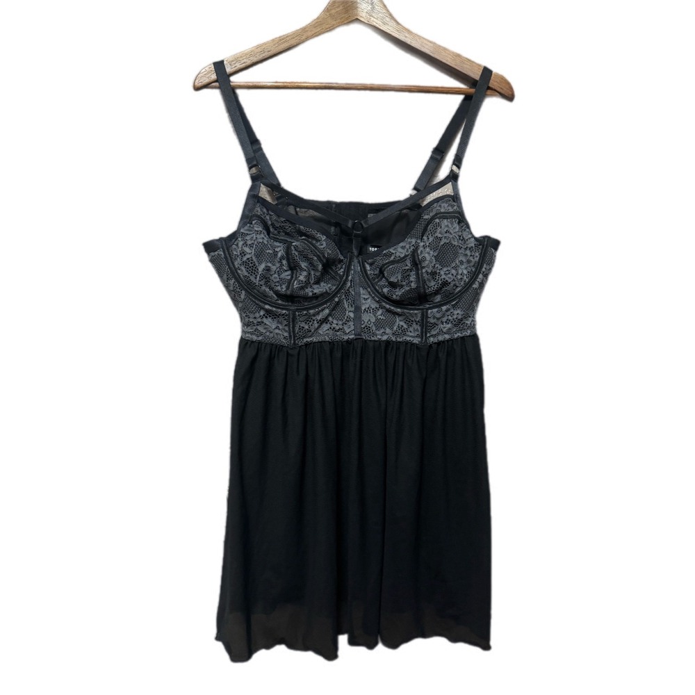 Torrid Babydoll Chemise Womens 14 Black Grey Lace Mesh Strappy Underwire